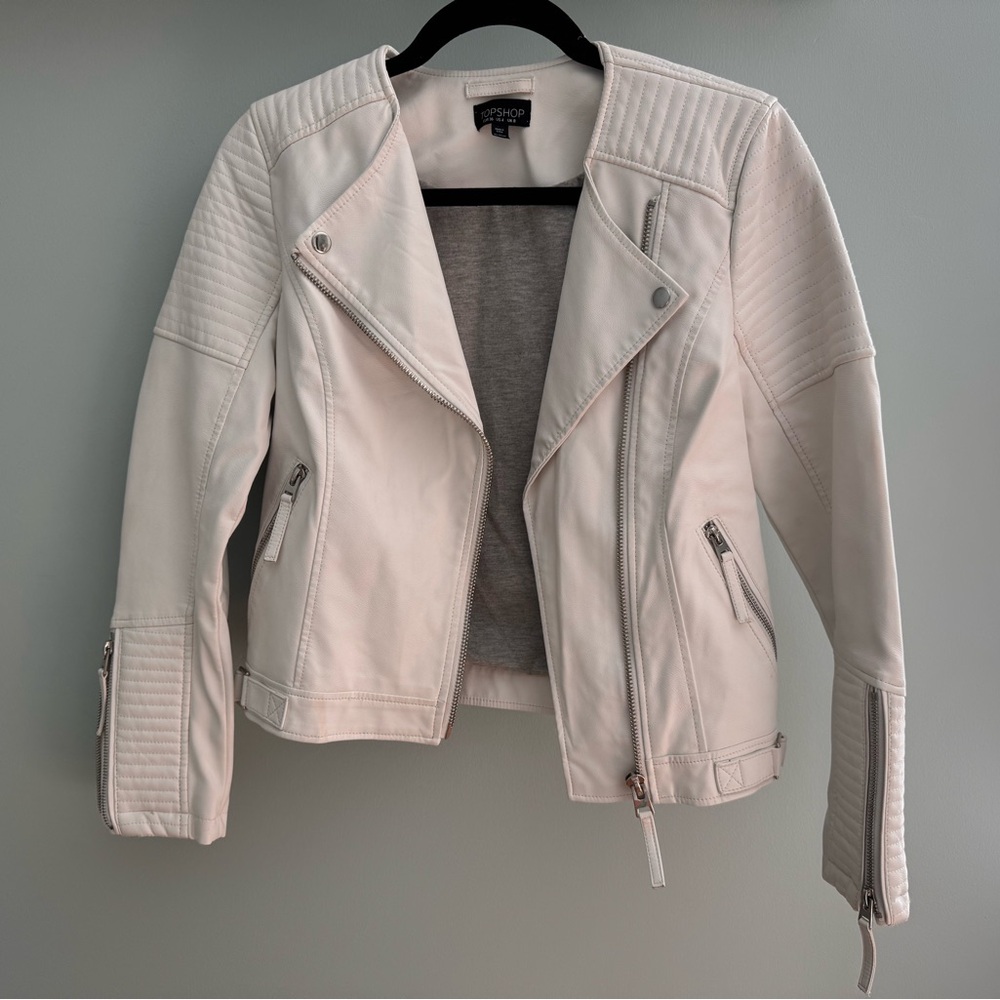 Topshop Cream Leather Moto Jacket